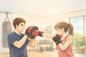 南森町のパーソナルジムでマンツーマン指導を受けながらキックボクシングを行っている様子