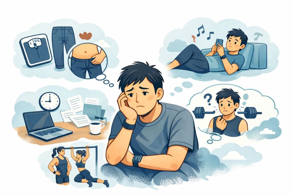 運動が続かない、体づくりに悩む人のイメージイラスト