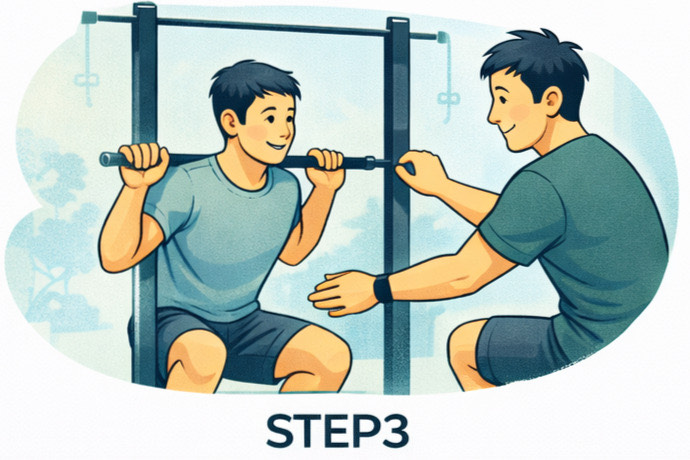 トレーナーのサポートを受けながら自重トレーニングを体験している様子