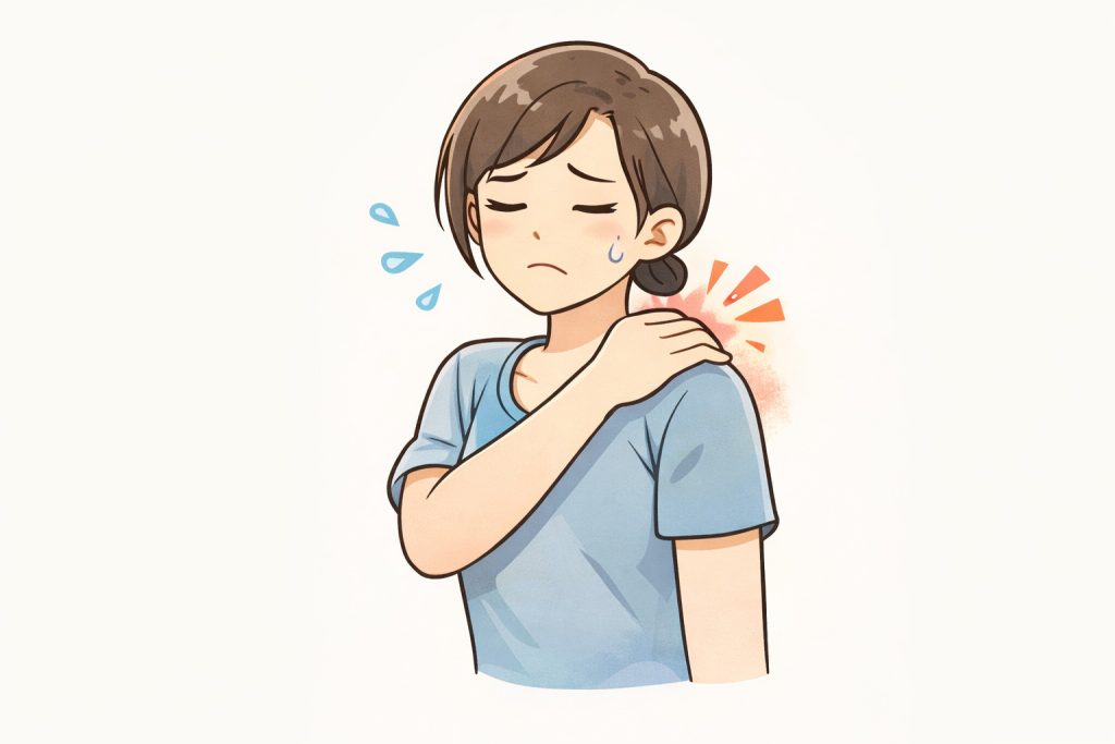 肩こりで悩み肩を押さえる女性のイラスト
