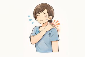肩こりで悩み肩を押さえる女性のイラスト
