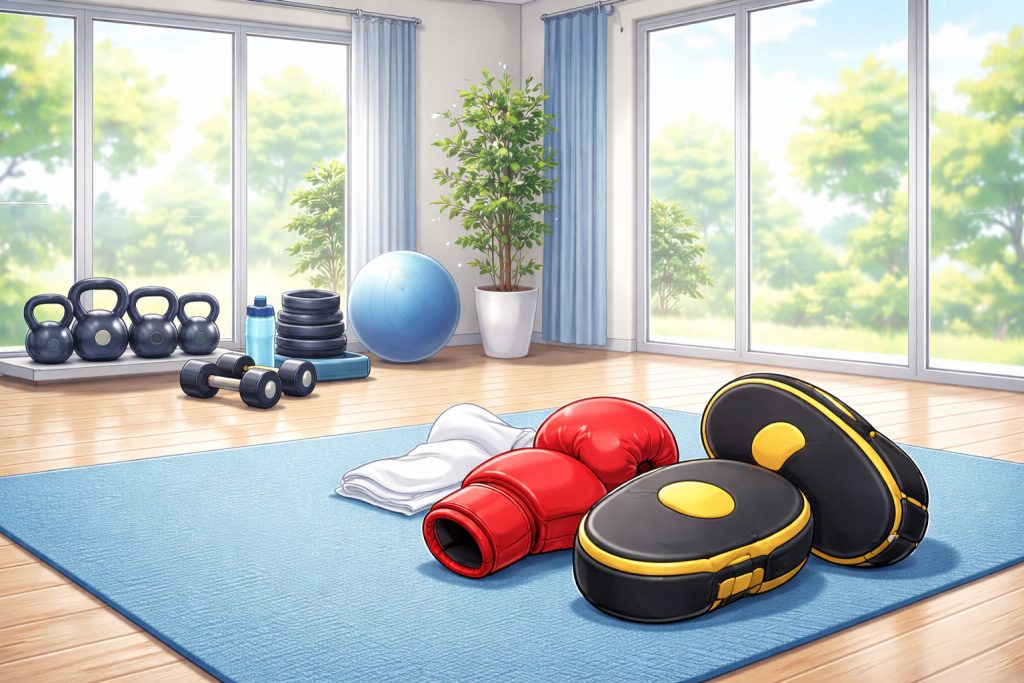 パーソナルジムのトレーニングスペースに置かれたキックボクシング用グローブとミット
