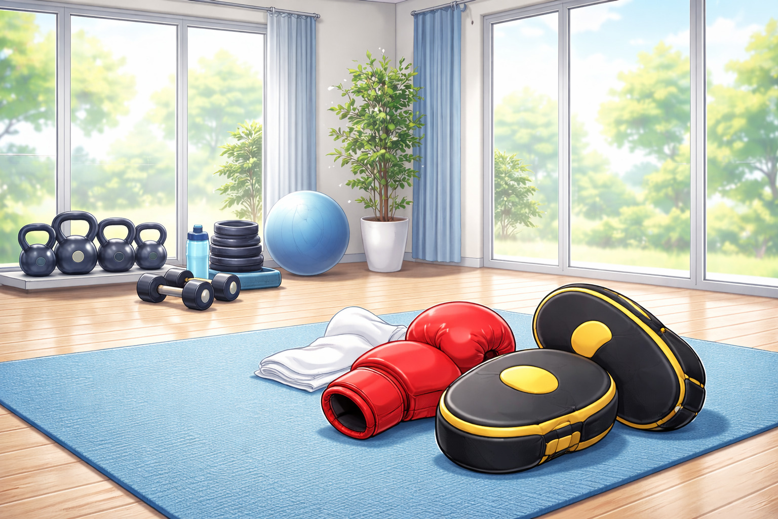 パーソナルジムのトレーニングスペースに置かれたキックボクシング用グローブとミット