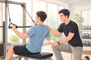 南森町のパーソナルジムでチューブを使ったトレーニング指導を行う様子