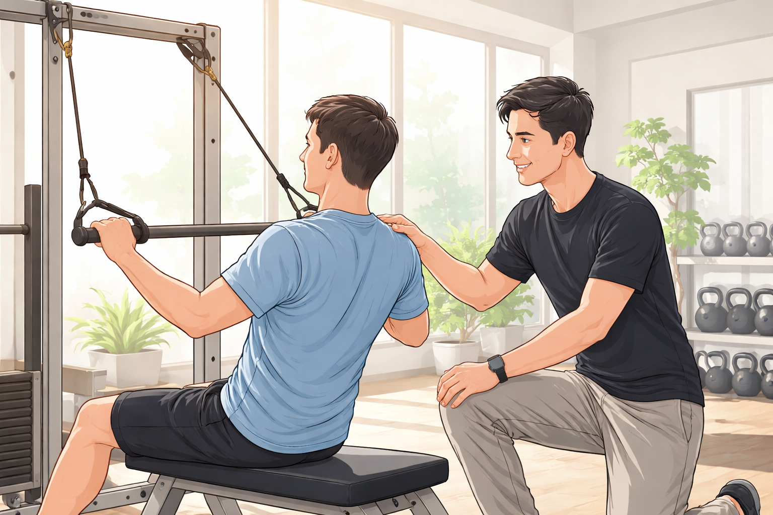 南森町のパーソナルジムでチューブを使ったトレーニング指導を行う様子