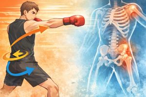 パンチ動作で後ろ足から体幹、腕へ力が伝わる身体の使い方を示したイラスト。