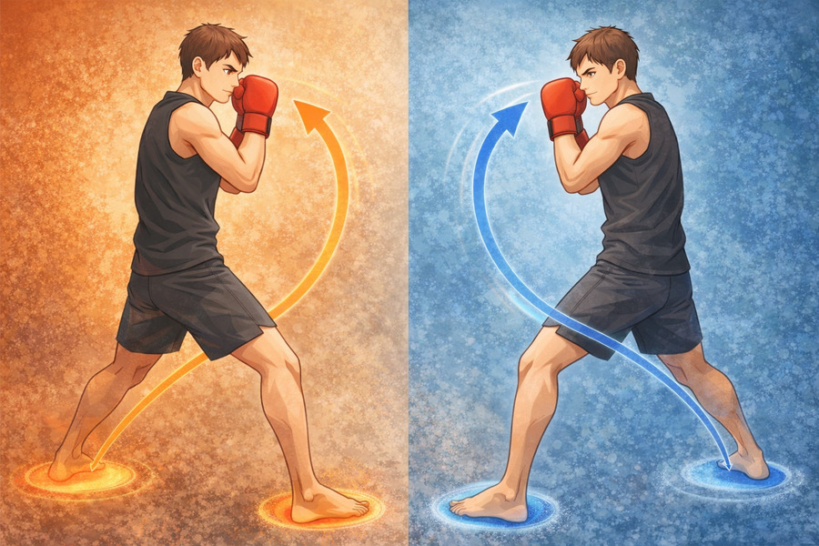 パンチ動作における体重配分の違いを示したイラスト。前足と後ろ足で重心の位置が変わる様子を左右比較で表している。